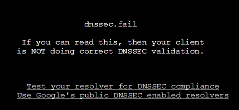 Her viser nettsiden dnssec.fail at en nettleverandør ikke støtter DNSSEC