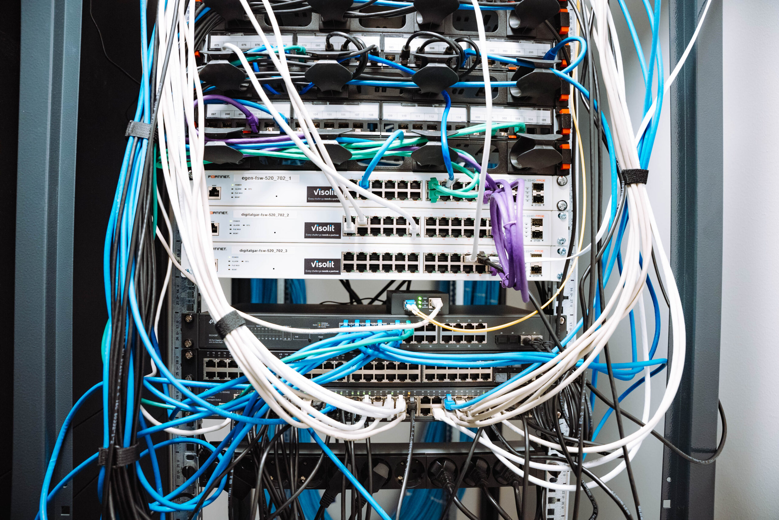 Nærbilde av et serverrack med organiserte blå og hvite nettverkskabler koblet til svitsjer