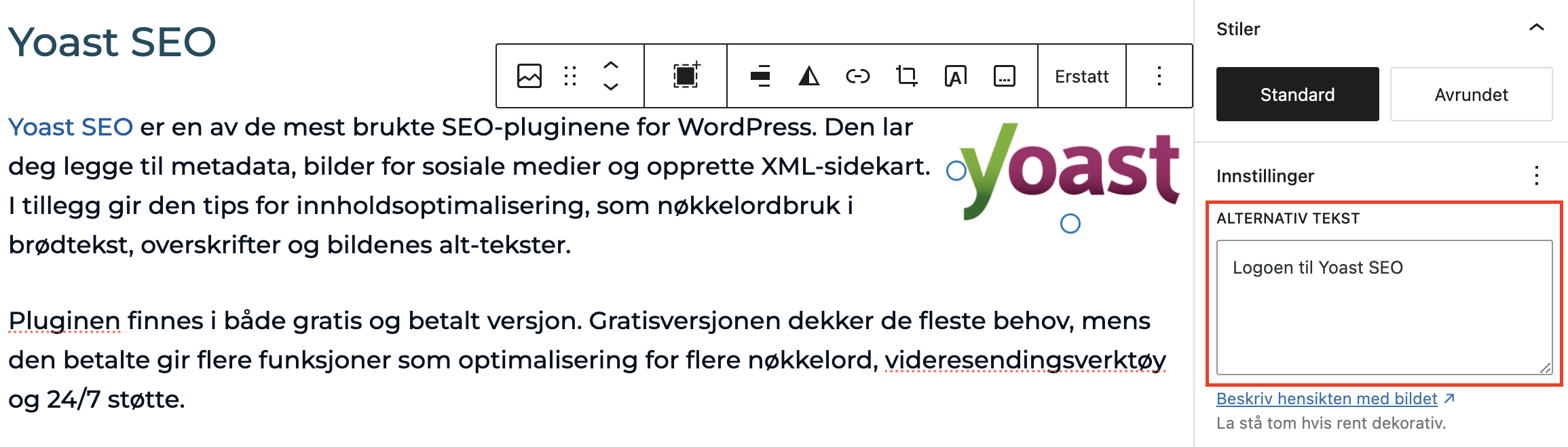 alt-tekst-bilder-eksempel Skjembilde fra WordPress som viser hvor man legger inn alternativ tekst på bilder.