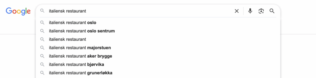 Google-søkeboks med autofullføring som viser søkeforslag for "italiensk restaurant" inkludert "oslo", "oslo sentrum", "majorstuen", "aker brygge", "bjørvika" og "grünerløkka".
