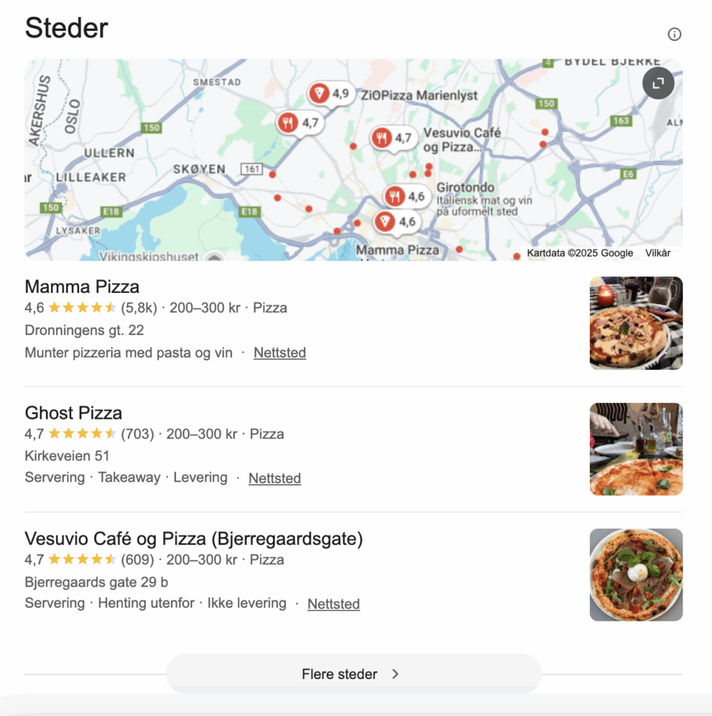 Skjermbilde av Google My Business i søkeresultatet ved et søk etter pizza i Oslo.