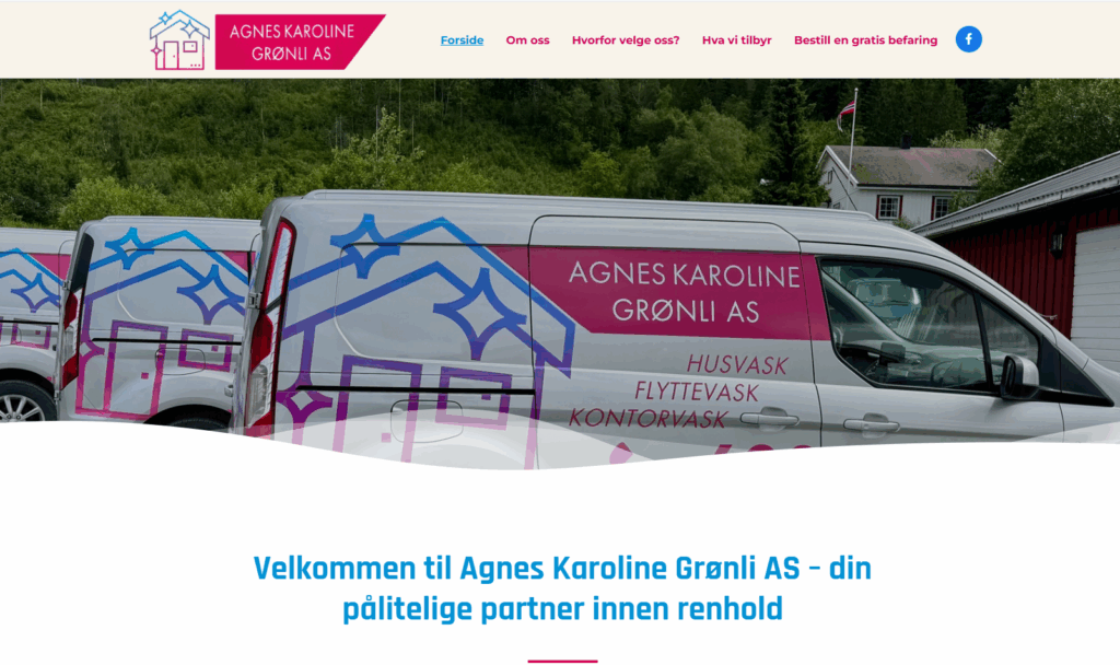 nettsiden agnesvask.no, tilhørende agnes karoline grønli AS. Logo i sterk rosa og blå farge.