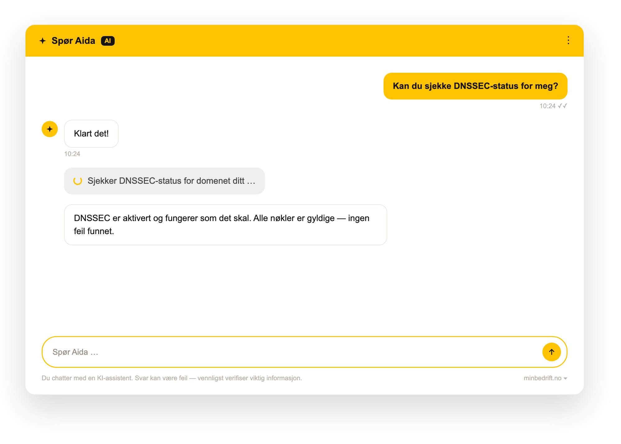 chat-usecase-1-dnssec Illustrasjon av chat-dialog og oppgavehjelp med spør aida for DNSSEC