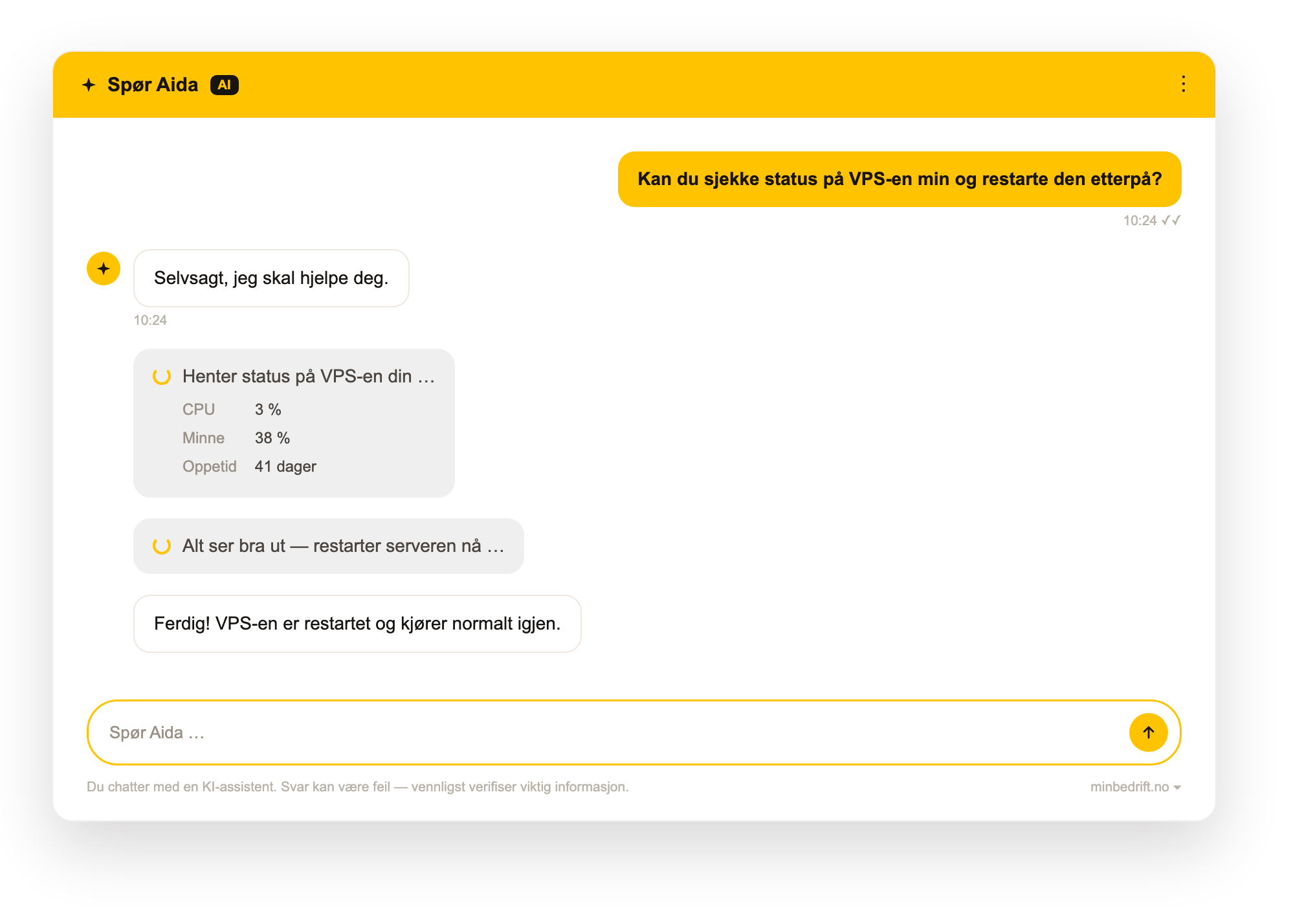 chat-usecase-6-vps-restart Illustrasjon av Spør Aida som hjelper en kunde med å restarte vps